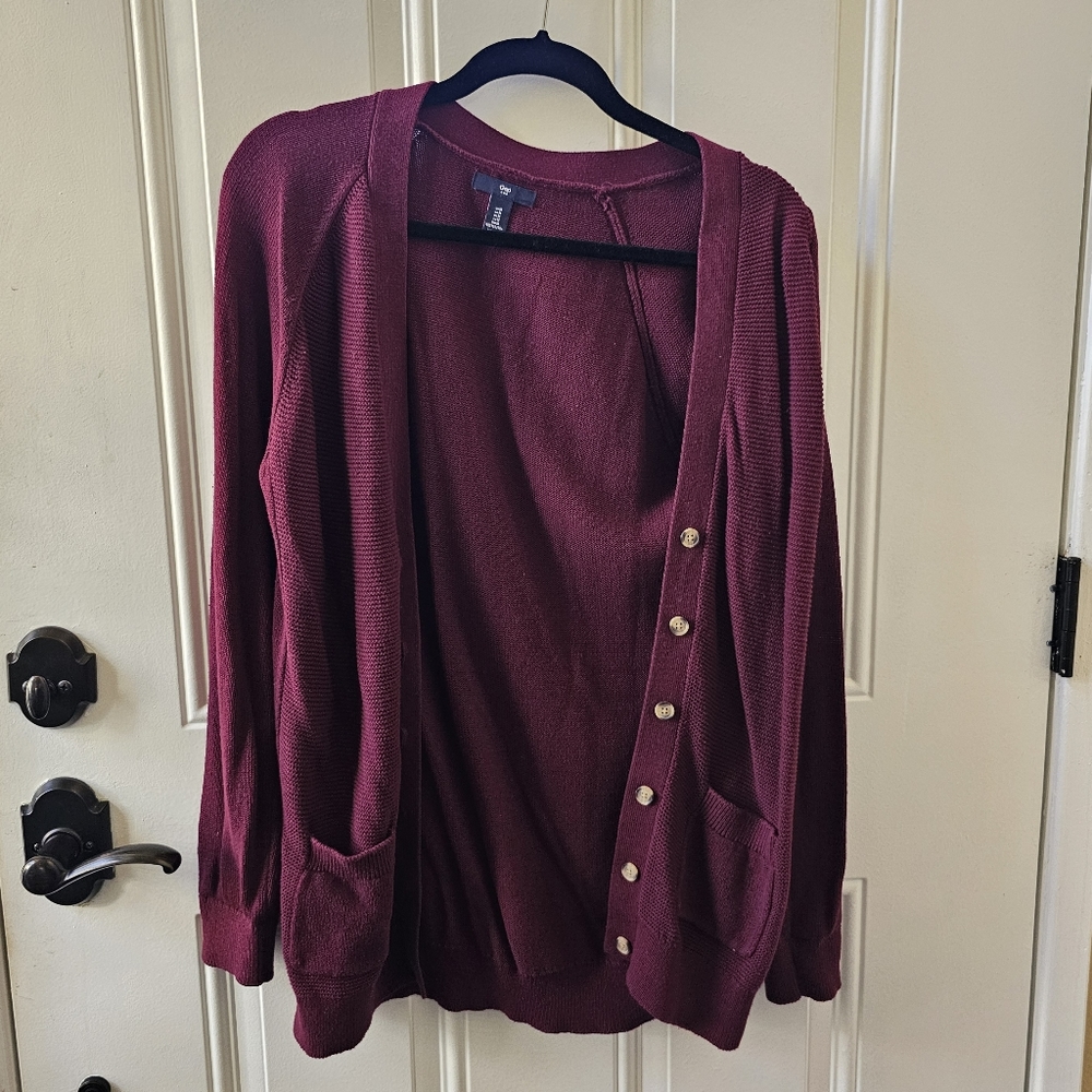 GAP Factory Womens 100% Cotton Mid-Length Knit Cardigan, Ruby Red Wine, Size M